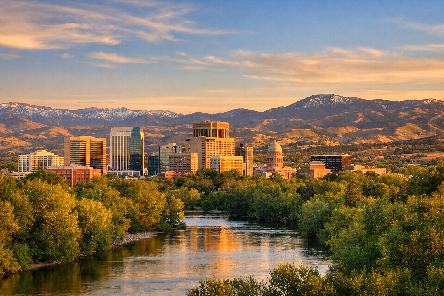 Boise, Idaho skyline at golden hour with foothills and Boise River